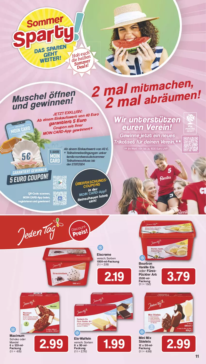 Aktueller Prospekt Famila - Prospekte - von 08.07 bis 13.07.2024 - strona 13 - produkty: bourbon, bourbon vanille, creme, eis, eiscreme, mandel, schoko, stieleis, Ti, Trikot, vanille, waffeln