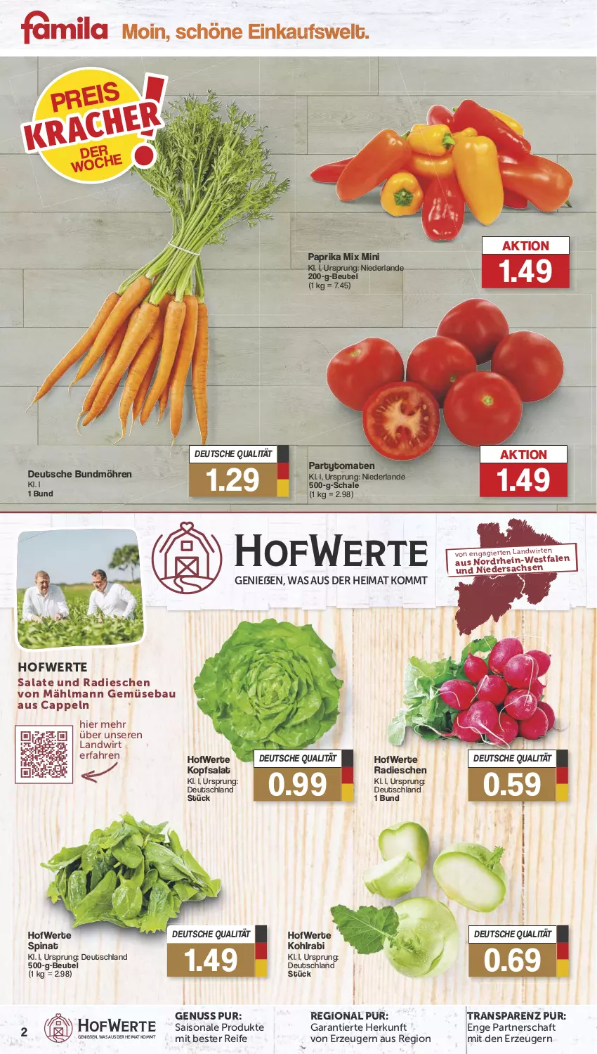 Aktueller Prospekt Famila - Prospekte - von 08.07 bis 13.07.2024 - strona 2 - produkty: Bau, beutel, Bundmöhren, Cap, kohlrabi, kopfsalat, möhren, nuss, paprika, paprika mix, radieschen, sac, salat, salate, Schal, Schale, spinat, Ti, tomate, tomaten