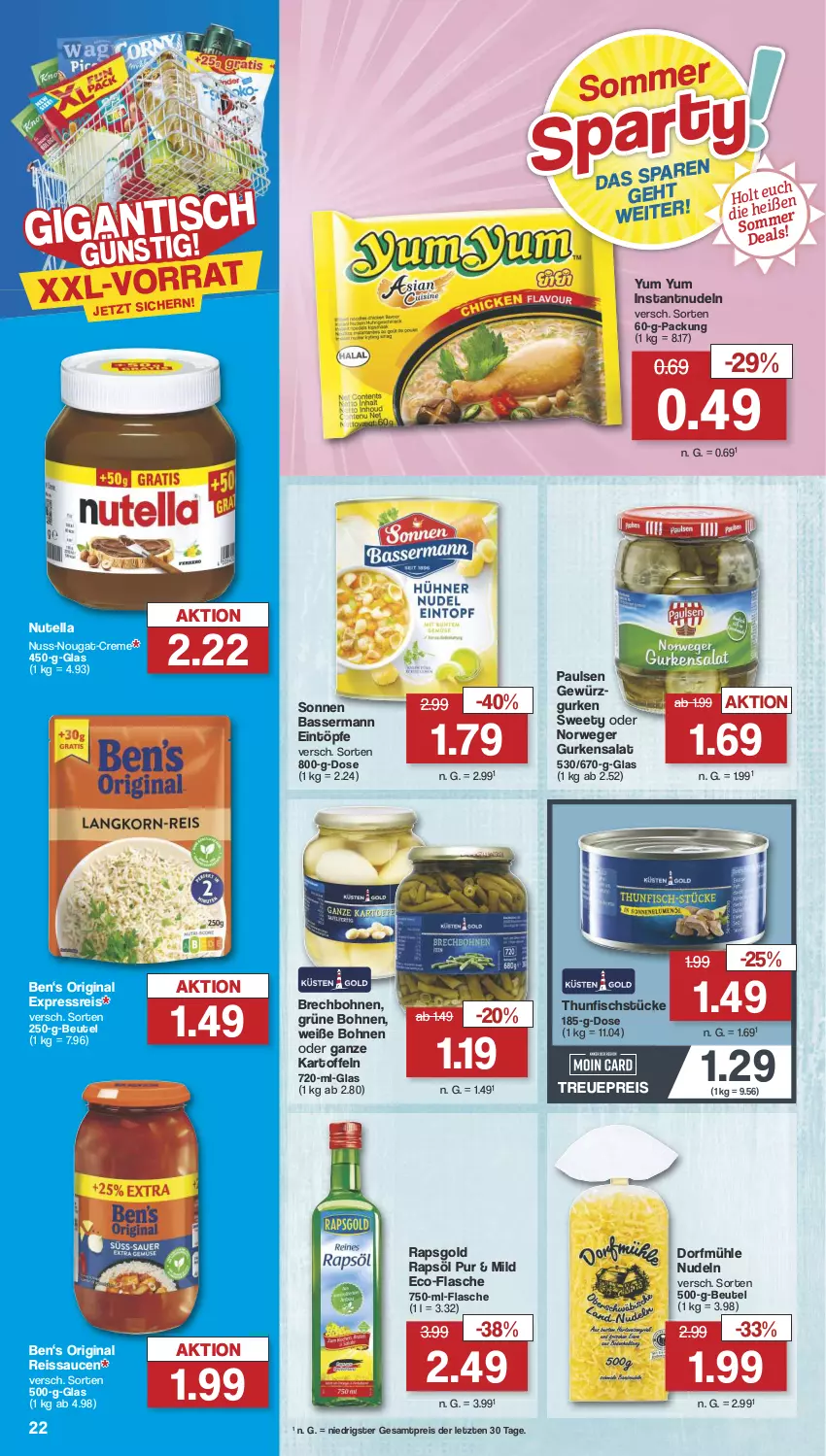 Aktueller Prospekt Famila - Prospekte - von 08.07 bis 13.07.2024 - strona 24 - produkty: beutel, bohne, bohnen, creme, eintöpfe, eis, fisch, flasche, gewürz, Gewürzgurke, gewürzgurken, gin, grüne bohnen, gurke, gurken, gurkensalat, kartoffel, kartoffeln, nudel, nudeln, nuss, nuss-nougat-creme, nutella, rapsöl, reis, reiss, rwe, salat, sauce, saucen, thunfisch, Ti, Weiße Bohnen, Yum Yum, ZTE