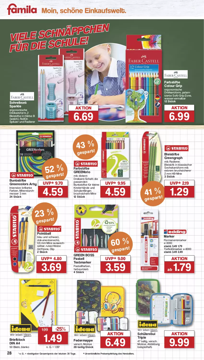 Aktueller Prospekt Famila - Prospekte - von 08.07 bis 13.07.2024 - strona 30 - produkty: ball, Bleistift, bleistifte, boss, brie, buntstifte, din a4, eis, elle, ente, farbstifte, Kinder, leine, messer, reis, stifte, teller, textmarker, Ti, wasser, ZTE