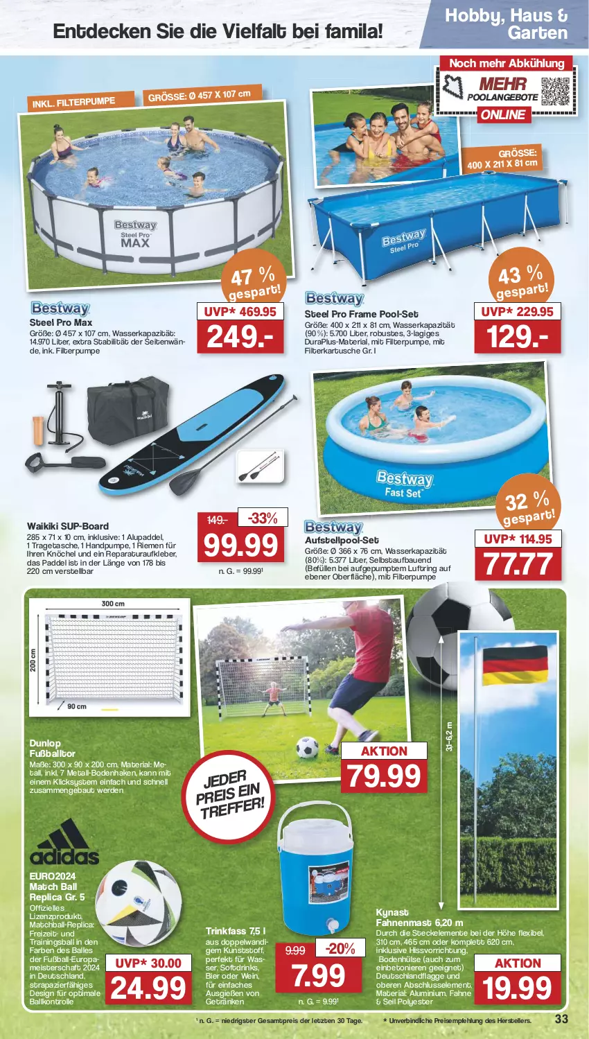 Aktueller Prospekt Famila - Prospekte - von 08.07 bis 13.07.2024 - strona 35 - produkty: angebot, angebote, Aufkleber, ball, Bau, bier, decke, drink, drinks, dunlop, eis, elle, ente, erde, Fußball, Garten, getränk, getränke, Hobby, kleber, Meister, pool, reis, Ria, ring, steel pro, Tasche, tee, teller, Ti, tragetasche, wasser, wein, ZTE