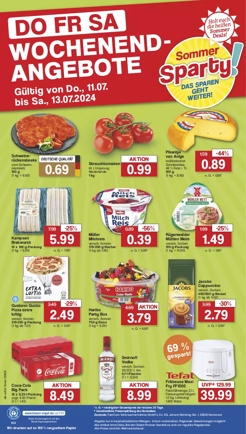 Aktueller Prospekt Famila - Prospekte - von 08.07 bis 13.07.2024 - strona 38 - produkty: auer, Becher, beutel, bratwurst, Cap, cappuccino, cin, cola, drucker, eis, elle, Engel, flasche, fritteuse, haribo, holländischer schnittkäse, jacobs, Käse, kerze, Mett, milch, milchreis, Müller, papier, pizza, Rauch, regal, reis, Rückensteak, rückensteaks, rügenwalder, rügenwalder mühle, rwe, schnittkäse, schwein, schweine, smirnoff, steak, steaks, strauchtomaten, teller, Ti, tomate, tomaten, vodka, wein, weine, wurst, ZTE