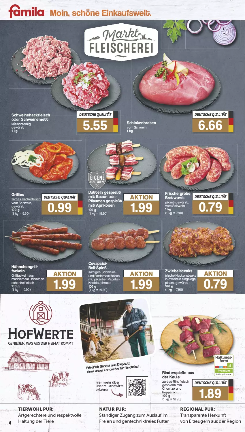 Aktueller Prospekt Famila - Prospekte - von 08.07 bis 13.07.2024 - strona 4 - produkty: aprikose, aprikosen, bacon, ball, braten, bratwurst, cevapcici, Datteln, eis, ente, fleisch, gewürz, grill, grillfackeln, hackfleisch, hähnchenschenkel, henkel, knoblauch, küche, Küchen, Mett, Nackensteak, nackensteaks, natur, paprika, Peroni, pflaume, pflaumen, rind, rinder, rinderhackfleisch, rindfleisch, saft, schenkel, schinken, schinkenbraten, schwein, schweine, Schweinehackfleisch, schweinemett, steak, steaks, Ti, Tiere, wein, weine, wurst, zwiebel, zwiebeln