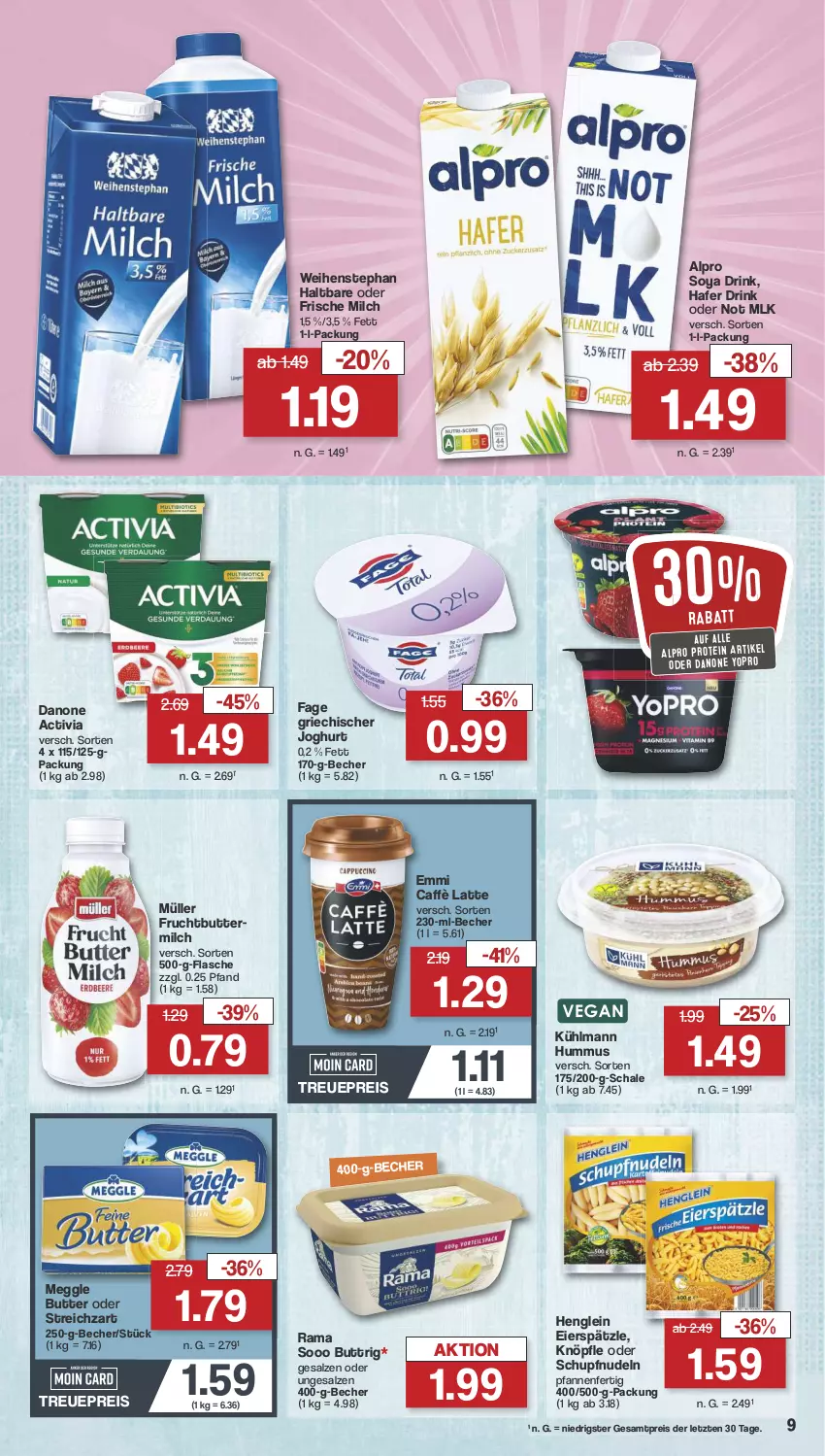 Aktueller Prospekt Famila - Prospekte - von 08.07 bis 13.07.2024 - strona 9 - produkty: activia, alpro, Becher, butter, buttermilch, caffè latte, danone, danone activia, drink, eier, eierspätzle, eis, emmi, flasche, frische milch, frucht, Griechischer Joghurt, hafer, henglein, hummus, joghur, joghurt, kühlmann, latte, meggle, milch, Müller, nudel, nudeln, pfanne, pfannen, rama, reis, salz, Schal, Schale, soya, Streichzart, Ti, weihenstephan, Yo, ZTE