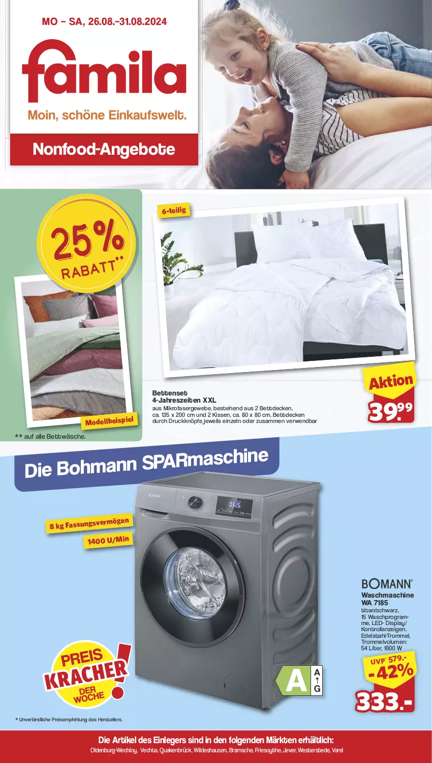 Aktueller Prospekt Famila - Prospekte - von 26.08 bis 31.08.2024 - strona 1 - produkty: angebot, angebote, bett, Betten, bettwäsche, decke, dell, edelstahl, eis, elle, HP, jever, kissen, LG, mikrofaser, Mode, reis, rel, rwe, teller, Ti, trommel, waschmaschine, Weste, Wild