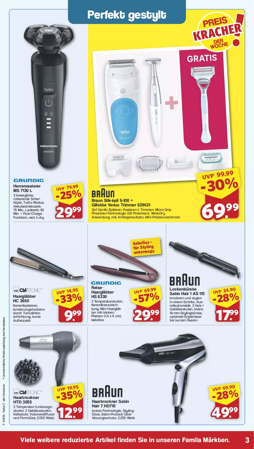 Aktueller Prospekt Famila - Prospekte - von 26.08 bis 31.08.2024 - strona 3 - produkty: akku, auto, braun, bürste, eis, elle, gillette, gillette venus, haarglätter, haartrockner, herrenrasierer, latte, leine, Pinzette, rasierer, reis, rwe, teller, Ti, Tiere, Trockner, überhitzungsschutz, venus