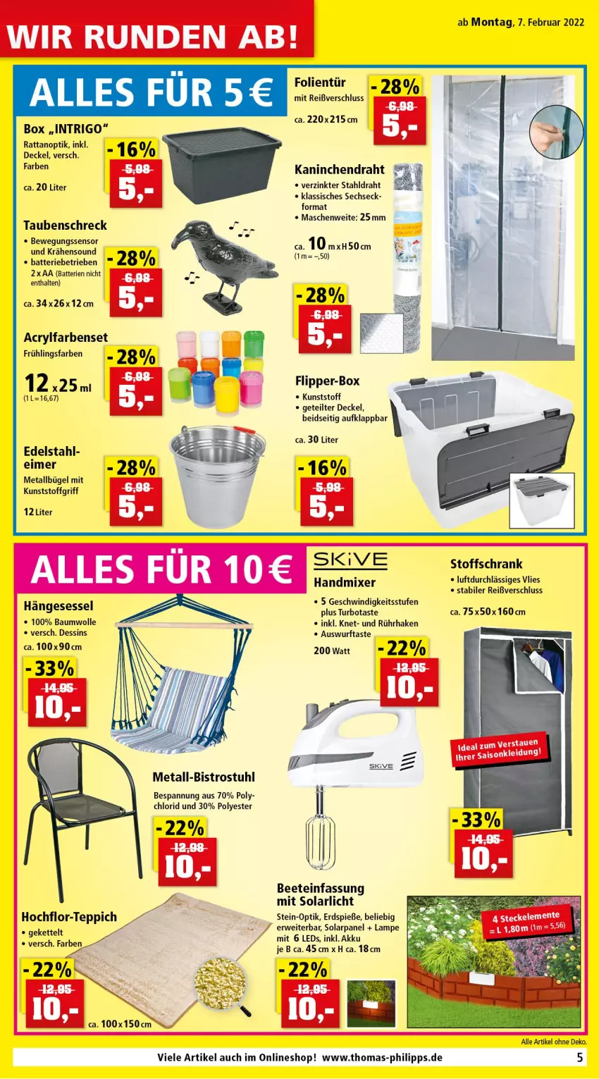 Aktueller Prospekt Thomas Philipps - Prospektwerbung - von 07.02 bis 12.02.2022 - strona 5 - produkty: akku, batterie, batterien, Bau, baumwolle, Bewegungssensor, bügel, decke, Deckel, Draht, edelstahl, eimer, handmixer, hängesessel, Hochflor-Teppich, Kette, Lampe, leds, Mixer, rwe, Schrank, sessel, stuhl, teppich, Ti, wolle