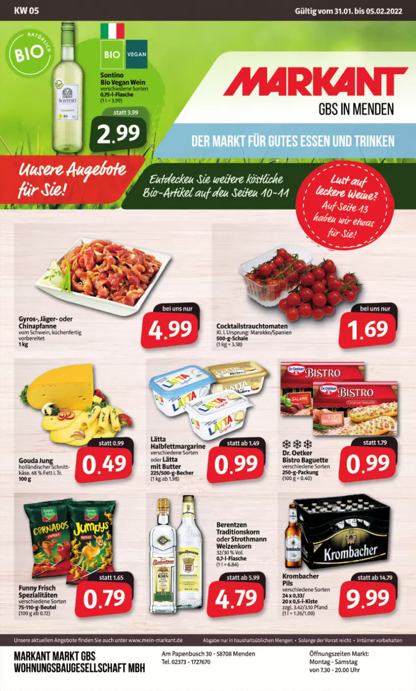 Aktueller Prospekt Markant - Prospekte - von 31.01 bis 05.02.2022 - strona 1 - produkty: angebot, angebote, Bau, berentzen, butter, cocktail, cocktails, elle, flasche, gutes essen, halbfettmargarine, Käse, korn, krombache, krombacher, küche, Küchen, lätta, margarine, pfanne, pils, Rauch, Schal, Schale, schwein, strauchtomaten, Ti, tomate, tomaten, uhr, wein, weizenkorn