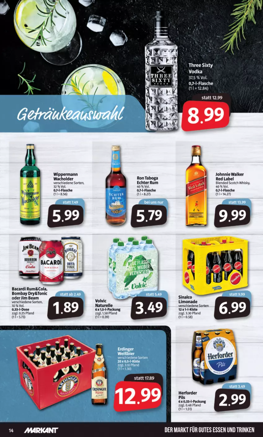 Aktueller Prospekt Markant - Prospekte - von 31.01 bis 05.02.2022 - strona 14 - produkty: bacardi, bacardi rum, blended scotch, blended scotch whisky, cola, elle, flasche, gutes essen, jim beam, johnnie walker, limo, limonade, natur, pils, rel, rum, scotch, scotch whisky, Three Sixty, tonic, volvic, whisky