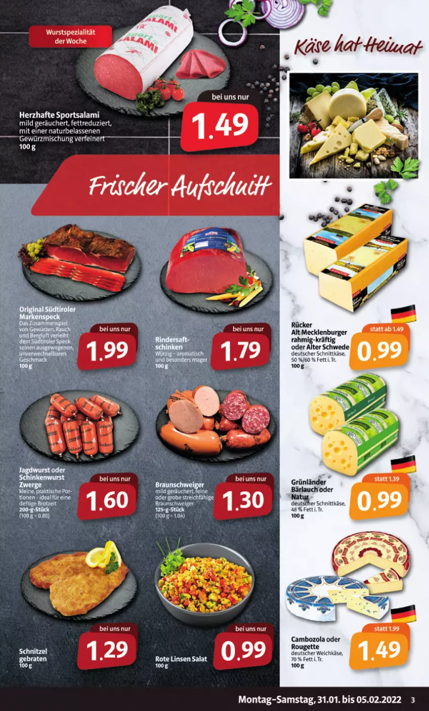 Aktueller Prospekt Markant - Prospekte - von 31.01 bis 05.02.2022 - strona 3 - produkty: braten, burger, cambozola, deutscher schnittkäse, grünländer, Käse, linsen, natur, Rote Linsen, rouge, rougette, salami, salat, schnittkäse, schnitzel, Sport, tee, Ti, weichkäse