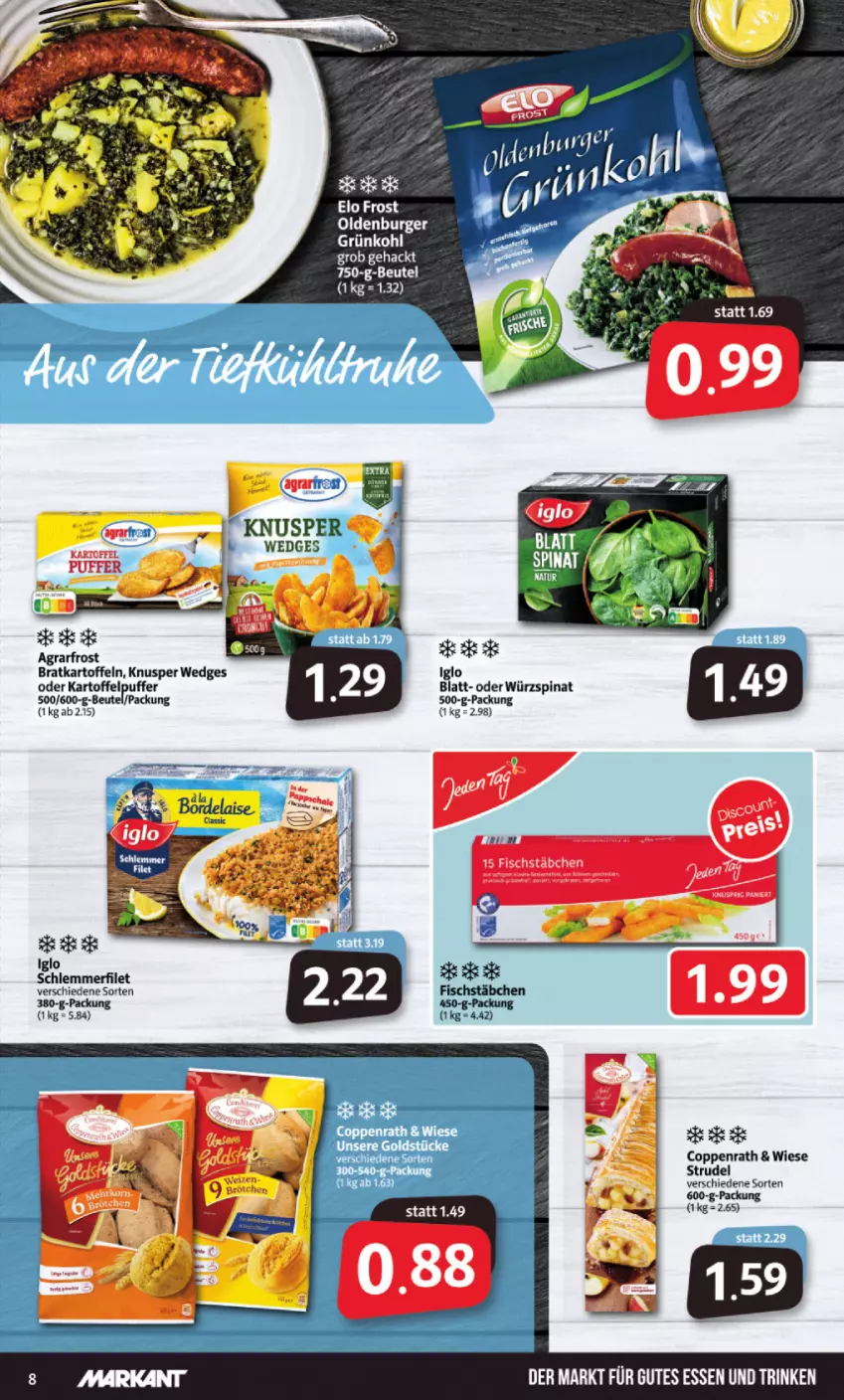 Aktueller Prospekt Markant - Prospekte - von 31.01 bis 05.02.2022 - strona 8 - produkty: agrarfrost, beutel, burger, coppenrath, filet, fisch, fischstäbchen, gutes essen, iglo, kartoffel, kartoffeln, schlemmerfilet, spinat, Strudel, wedges