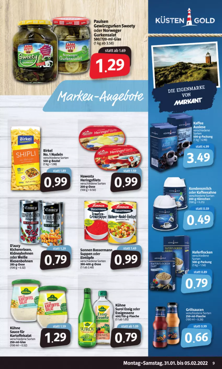 Aktueller Prospekt Markant - Prospekte - von 31.01 bis 05.02.2022 - strona 9 - produkty: beutel, birkel, bohne, bohnen, eintöpfe, erbsen, essig, filet, filets, gurke, gurken, gurkensalat, hering, Herings, heringsfilets, kartoffel, kartoffelsalat, kichererbsen, kidney, Kühne, nudel, nudeln, ring, rwe, salat, sauce, suppe, suppen