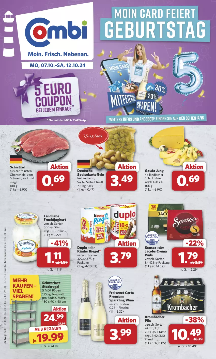 Aktueller Prospekt Combi - Prospekte - von 07.10 bis 12.10.2024 - strona 1 - produkty: angebot, angebote, crema pads, duplo, Eckregal, eier, eis, flasche, freixenet, frucht, fruchtjoghurt, gouda, gouda jung, holländischer schnittkäse, jacobs, Jacobs Crema, joghur, joghurt, kartoffel, kartoffeln, Käse, Kinder, kinder riegel, kraft, krombache, krombacher, krombacher pils, landliebe, oder jacobs, pils, regal, reis, riegel, sac, Schal, Schale, schnittkäse, schnitzel, schwein, senseo, speisekartoffeln, steckregal, Ti, wein, ZTE