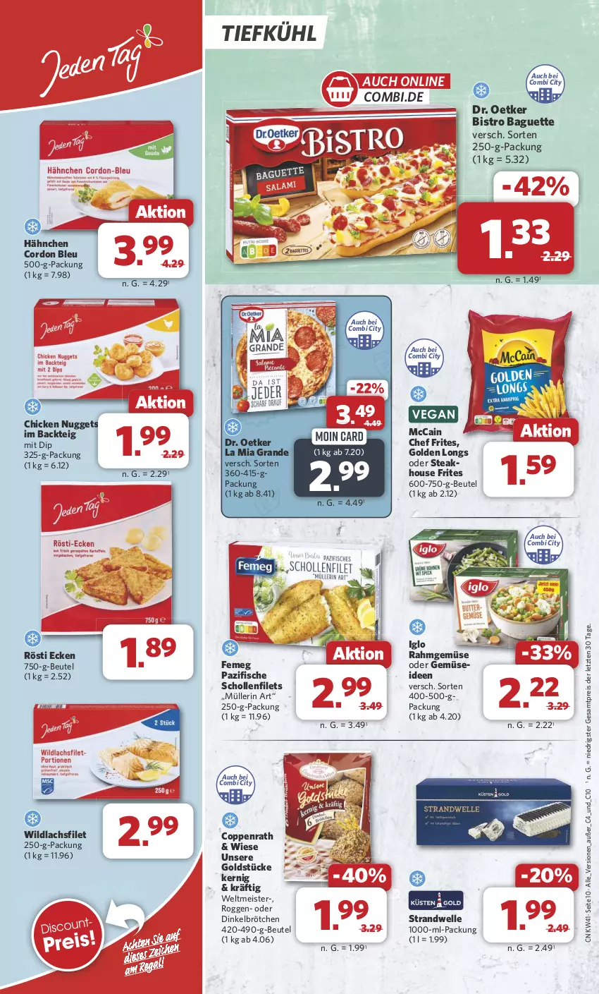 Aktueller Prospekt Combi - Prospekte - von 07.10 bis 12.10.2024 - strona 10 - produkty: baguette, beutel, Bistro Baguette, brötchen, chicken nuggets, coppenrath, cordon bleu, dinkelbrötchen, dip, Dr. Oetker, eis, elle, femeg, filet, filets, fisch, fische, Golden Longs, Goldstücke, iglo, lachs, lachsfilet, mccain, Meister, Müller, müllerin art, nuggets, Rahmgemüse, reis, scholl, Schollenfilets, steak, Ti, Wild, wildlachs, ZTE