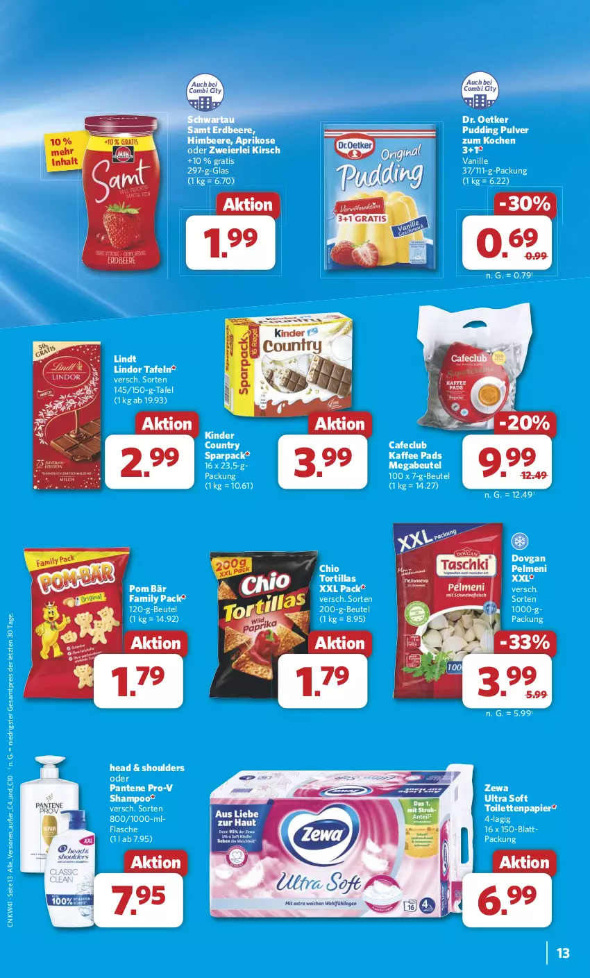 Aktueller Prospekt Combi - Prospekte - von 07.10 bis 12.10.2024 - strona 13 - produkty: aprikose, beere, beutel, dovgan, Dr. Oetker, eier, eis, erdbeere, flasche, himbeer, himbeere, kaffee, Kinder, kinder country, kirsch, lindor, lindt, pantene, pantene pro-v, papier, pelmeni, pro-v, pudding, reis, Schwartau, shampoo, Ti, toilettenpapier, tortilla, tortillas, vanille, zewa, ZTE