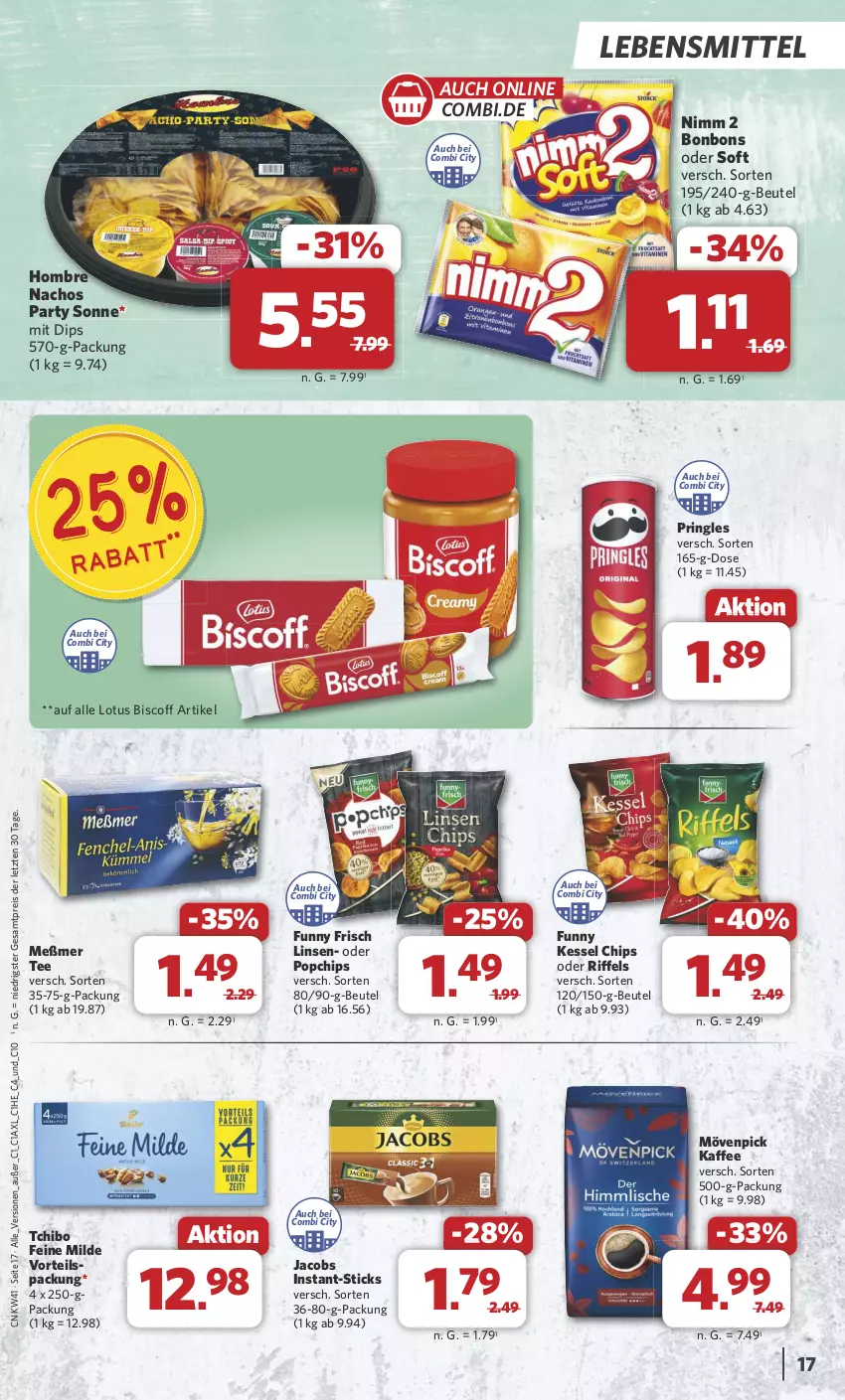 Aktueller Prospekt Combi - Prospekte - von 07.10 bis 12.10.2024 - strona 17 - produkty: beutel, biscoff, bonbons, chips, dip, eis, Funny Frisch, jacobs, kaffee, lebensmittel, linsen, Meßmer, mövenpick, mövenpick kaffee, nacho, Nachos, Nimm 2, pringles, reis, ring, Tchibo, tee, Ti, ZTE