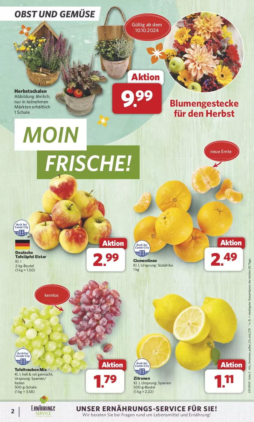 Aktueller Prospekt Combi - Prospekte - von 07.10 bis 12.10.2024 - strona 2 - produkty: beutel, blume, blumen, clementinen, eis, lebensmittel, obst, Obst und Gemüse, reis, Schal, Schale, tafeläpfel, tafeltrauben, Ti, trauben, und gemüse, zitrone, zitronen, ZTE