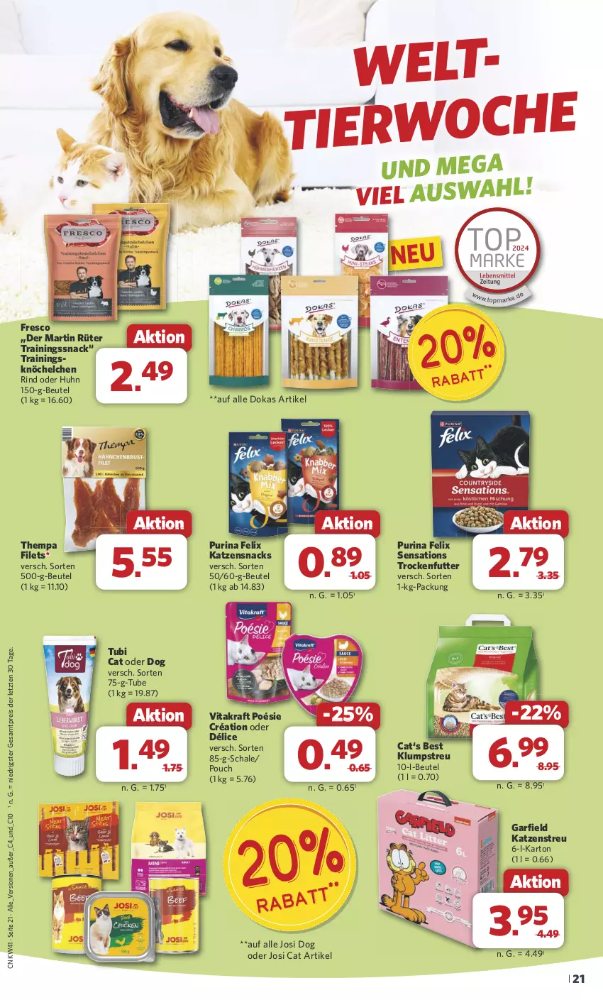 Aktueller Prospekt Combi - Prospekte - von 07.10 bis 12.10.2024 - strona 21 - produkty: beutel, eis, felix, filet, filets, katzensnack, katzensnacks, Katzenstreu, klumpstreu, kraft, purina, reis, rind, Schal, Schale, sensations, snack, snacks, Ti, trockenfutter, vita, vitakraft, ZTE