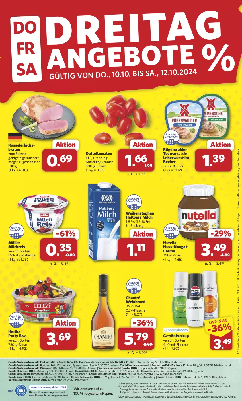 Aktueller Prospekt Combi - Prospekte - von 07.10 bis 12.10.2024 - strona 24 - produkty: aeg, angebot, angebote, auer, Bad, Becher, Berger, braten, chantré, creme, datteltomaten, drucker, eier, eis, elle, Engel, erde, felix, fisch, fische, Fischer, flasche, getränk, getränke, getränkesirup, haltbare milch, haribo, kasseler, kerze, lachs, Lachsbraten, leberwurst, milch, milchreis, Müller, Nougatcreme, nuss, nutella, papier, Rauch, reis, rügenwalder, salz, Schal, Schale, schnitten, schwein, sirup, tee, teewurst, teller, Ti, tomate, tomaten, weihenstephan, wein, weinbrand, wurst, ZTE