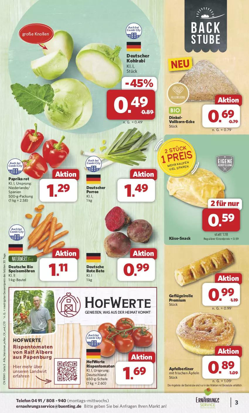 Aktueller Prospekt Combi - Prospekte - von 07.10 bis 12.10.2024 - strona 3 - produkty: angebot, angebote, apfel, berliner, beutel, bio, eis, Geflügel, Käse, kohlrabi, korn, möhren, paprika, paprika rot, reis, rispentomaten, rote bete, Schal, Schale, snack, speisemöhren, stube, telefon, Ti, tomate, tomaten, ZTE