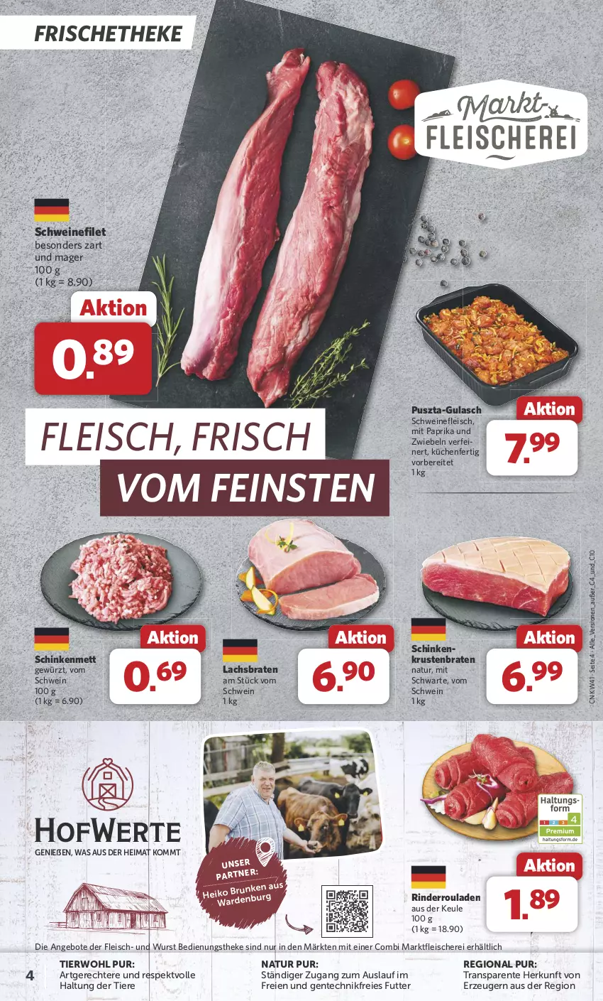 Aktueller Prospekt Combi - Prospekte - von 07.10 bis 12.10.2024 - strona 4 - produkty: angebot, angebote, braten, eis, ente, filet, fleisch, Fleischerei, gewürz, gulasch, krustenbraten, küche, Küchen, lachs, Lachsbraten, Mett, mit paprika, natur, paprika, rind, rinder, Rinderroulade, rinderrouladen, rouladen, Schere, schinken, schwein, schweine, schweinefilet, schweinefleisch, Ti, Tiere, wein, weine, wurst, zwiebel, zwiebeln