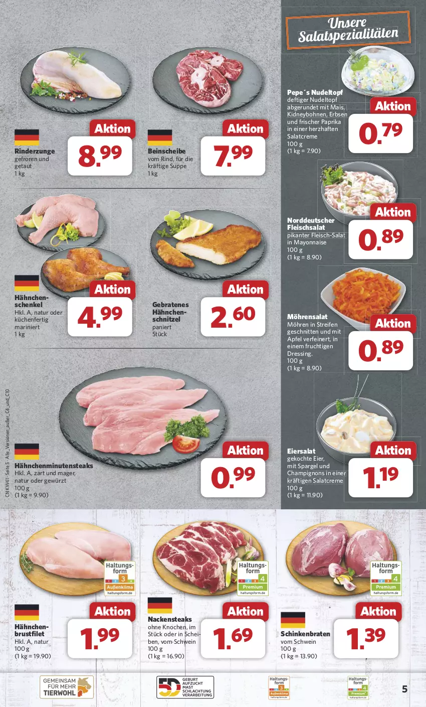 Aktueller Prospekt Combi - Prospekte - von 07.10 bis 12.10.2024 - strona 5 - produkty: apfel, bohne, bohnen, braten, brustfilet, champignon, champignons, creme, dressing, eier, eiersalat, eis, erbsen, filet, fleisch, fleischsalat, frucht, gewürz, henkel, kidney, küche, Küchen, mais, mayonnaise, minutensteaks, möhren, Nackensteak, nackensteaks, natur, nudel, paprika, reifen, rind, rinder, Rinderzunge, salat, salatcreme, schenkel, schinken, schinkenbraten, schnitten, schnitzel, schwein, spargel, Spezi, steak, steaks, suppe, Ti, topf, wein, Yo