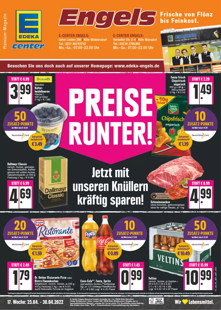 Aktueller Prospekt E Center - Angebote der Woche - von 25.04 bis 30.04.2022 - strona 1 - produkty: angebot, angebotspreis, beutel, bohne, bohnen, bohnenkaffee, cola, dallmayr, deka, deutschland card, deutschlandcard, Dr. Oetker, eis, elle, Engel, ente, erde, feinkost, flammkuchen, flasche, gin, kaffee, kuchen, lamm, lebensmittel, LG, mars, nuss, Omep, pizza, reis, reiss, ristorante, ristorante pizza, rum, saft, steak, steaks, teller, Ti