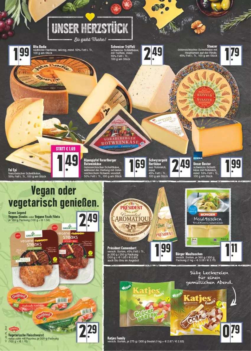 Aktueller Prospekt E Center - Angebote der Woche - von 25.04 bis 30.04.2022 - strona 12 - produkty: angebot, Bad, Berger, beutel, bio, brie, camembert, eis, filet, filets, fisch, fleisch, fleischwurst, fol epi, hartkäse, Käse, katjes, maultaschen, milch, mit paprika, natur, österreichischer schnittkäse, paprika, pflanze, pflanzen, rotwein, schnittkäse, schweizer schnittkäse, steak, steaks, südtiroler, Tasche, taschen, tee, Ti, Trüffel, Vegeta, wein, Weinkäse, wurst