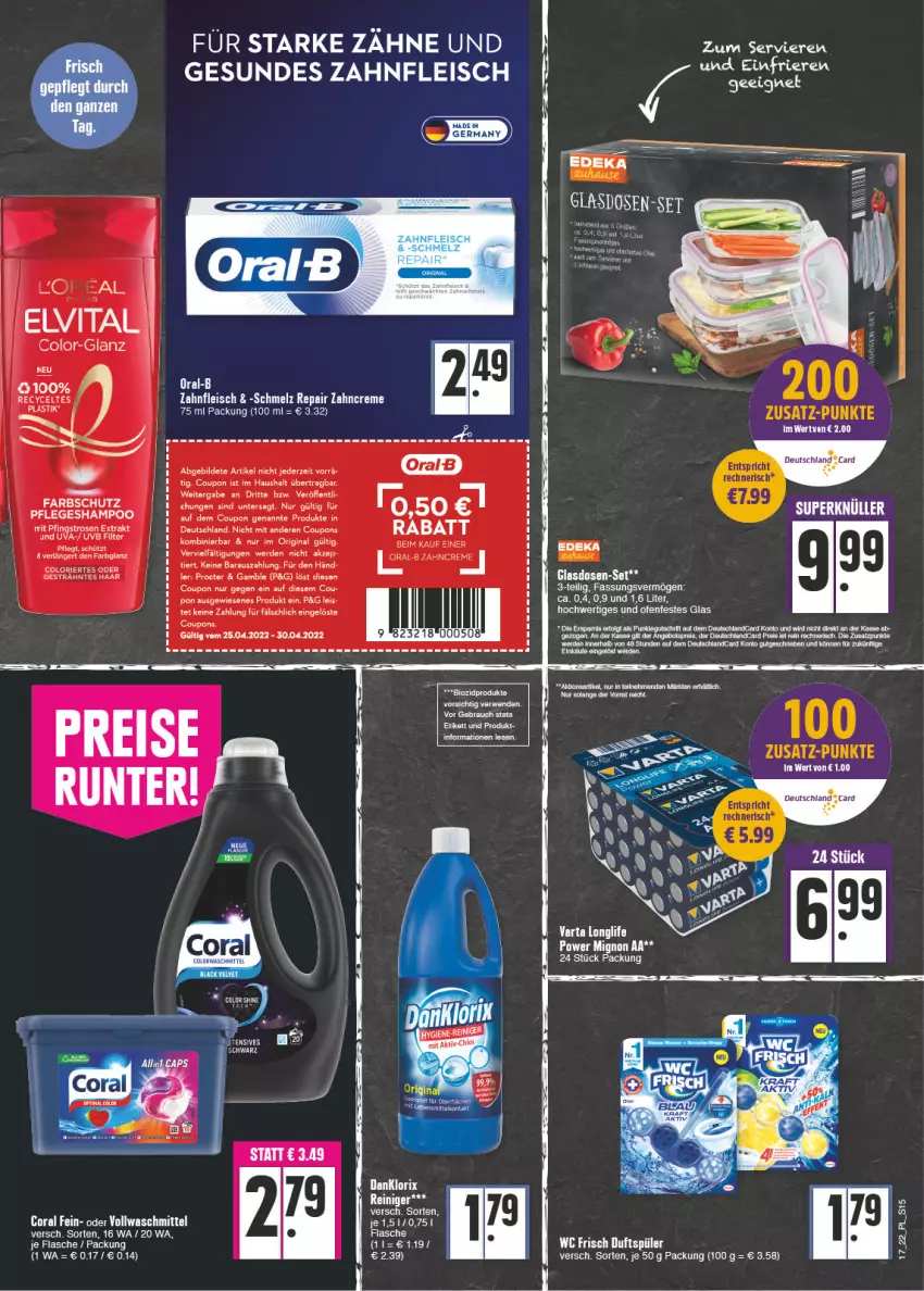 Aktueller Prospekt E Center - Angebote der Woche - von 25.04 bis 30.04.2022 - strona 15 - produkty: auer, bio, biozidprodukte, Coral, coupon, coupons, creme, deka, deutschlandcard, eis, elle, elvital, erde, fleisch, gin, LG, longlife, Ofen, oral-b, oralb, Pfingstrosen, Rauch, reiniger, rosen, rwe, shampoo, tee, Ti, varta, vita, vollwaschmittel, waschmittel, zahncreme