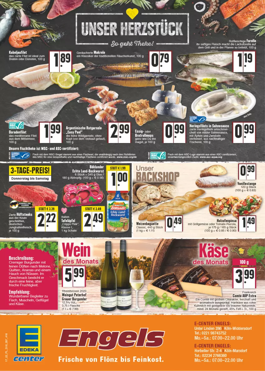 Aktueller Prospekt E Center - Angebote der Woche - von 25.04 bis 30.04.2022 - strona 16 - produkty: ananas, aqua, auer, baguette, bockwurst, böklunder, braun, burgunder, cola, Dorade, eis, elle, feinkost, filet, filets, fisch, fische, Fischer, flasche, fleisch, forelle, frucht, grauer burgunder, grill, hartkäse, hering, Herings, heringsfilets, jungbullen, kabeljaufilet, Käse, lachs, LG, mac, Makrele, mars, melone, milch, pfanne, rel, rind, ring, rucola, saft, sahne, sauce, Schal, Schale, Schere, schnitten, tee, Ti, tisch, tomate, uhr, vanille, Vanillestange, wein, Wild, wurst, zwiebel, zwiebeln