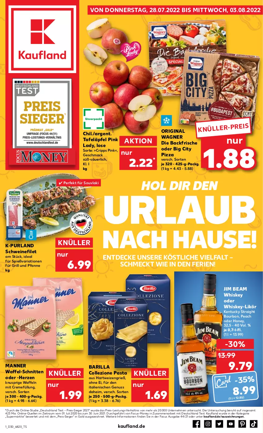 Aktueller Prospekt Kaufland - von 28.07 bis 03.08.2022 - strona 1 - produkty: barilla, bourbon, creme, decke, eis, elle, filet, für grill und pfanne, gin, grill, grill und pfanne, hartweizen, jim beam, kentucky straight, likör, mac, Manner, nuss, original wagner, pasta, pfanne, Pink Lady, pizza, purland, reis, Ria, schnitten, schwein, schweine, schweinefilet, tafeläpfel, Ti, tuc, und pfanne, waffeln, wagner, wein, weine, whiskey