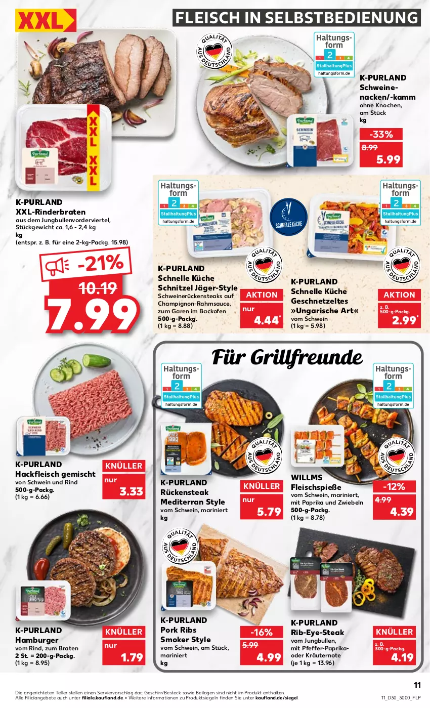 Aktueller Prospekt Kaufland - von 28.07 bis 03.08.2022 - strona 11 - produkty: angebot, angebote, backofen, besteck, braten, burger, champignon, eis, elle, fleisch, fleisch in selbstbedienung, Fleischspieße, geschirr, geschnetzeltes, grill, hackfleisch, hackfleisch gemischt, hamburger, ilag, jungbullen, kräuter, kräutern, küche, mit paprika, oder kräuter, Ofen, paprika, pfeffer, purland, rind, rinder, rinderbraten, Rückensteak, rückensteaks, sauce, schnitzel, schwein, schwein und rind, schweine, schweinenacken, schweinerücken, steak, steaks, teller, Ti, wein, weine, Zelt, zwiebel, zwiebeln