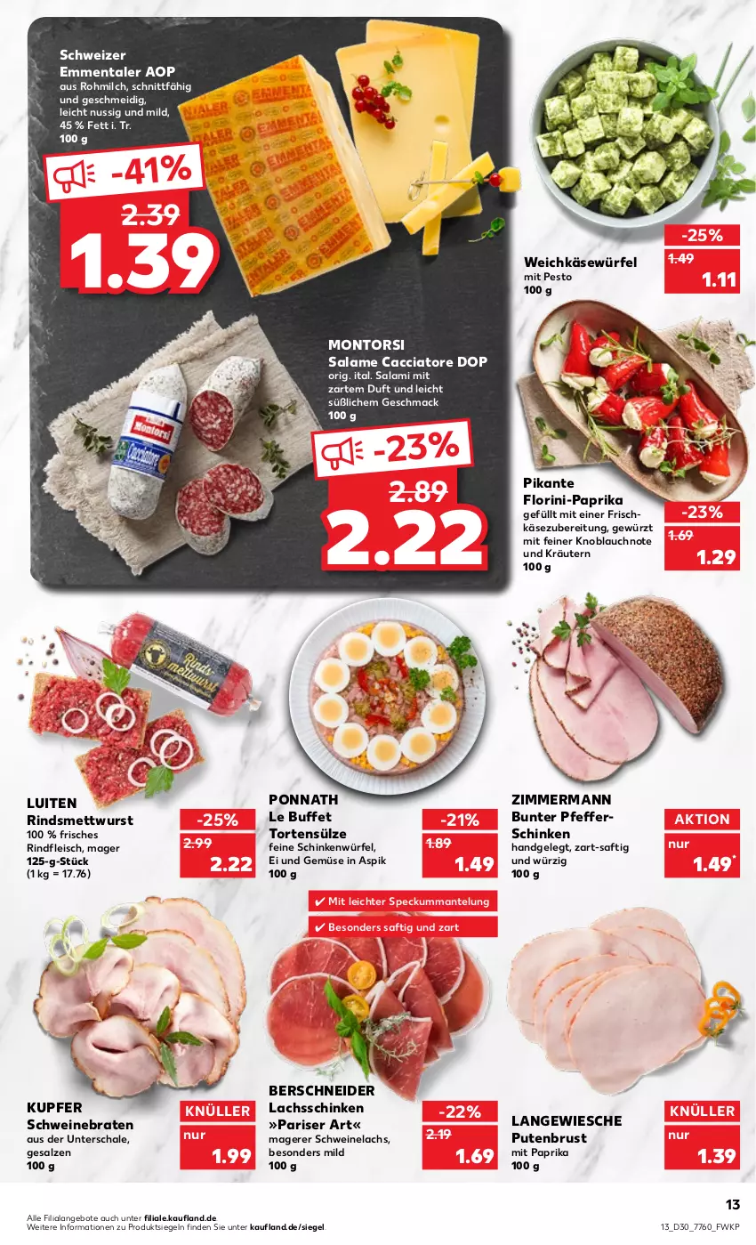 Aktueller Prospekt Kaufland - von 28.07 bis 03.08.2022 - strona 13 - produkty: ACC, angebot, angebote, braten, eis, emmentaler, fleisch, frischkäse, frischkäsezubereitung, gewürz, Käse, knoblauch, kräuter, kräutern, lachs, lachsschinken, mac, Mantel, Mett, mettwurst, milch, mit paprika, montorsi, nuss, paprika, pesto, pfeffer, ponnath, pute, putenbrust, rind, rindfleisch, saft, salami, salz, Schal, Schale, schinken, schwein, schweine, schweinebraten, Schweinelachs, Speck, Ti, torte, und gemüse, weichkäse, wein, weine, würfel, wurst