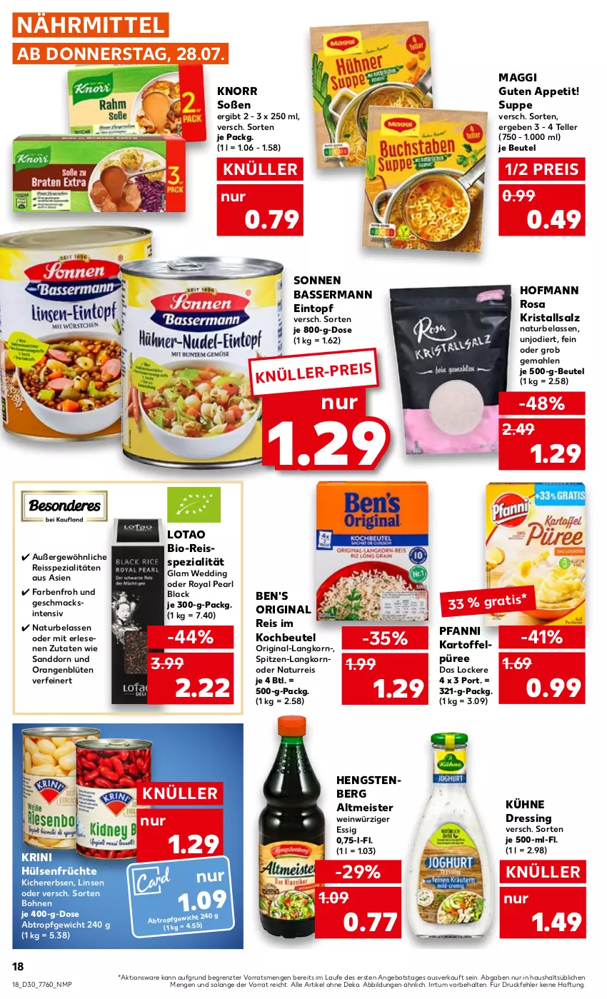 Aktueller Prospekt Kaufland - von 28.07 bis 03.08.2022 - strona 18 - produkty: angebot, beutel, bio, Blüte, bohne, bohnen, dressing, eintopf, eis, elle, erbsen, essig, früchte, gin, hengstenberg, Hengstenberg Altmeister, hülsenfrüchte, kartoffel, Kartoffelpüree, kichererbsen, knorr, kochbeutel, korn, Kristallsalz, Kühne, lack, linsen, mac, maggi, Meister, natur, orange, orangen, pfanni, püree, reis, reiss, salz, sanddorn, senf, Soße, Spezi, spitzen-langkorn, suppe, teller, Ti, topf, wein, ZTE