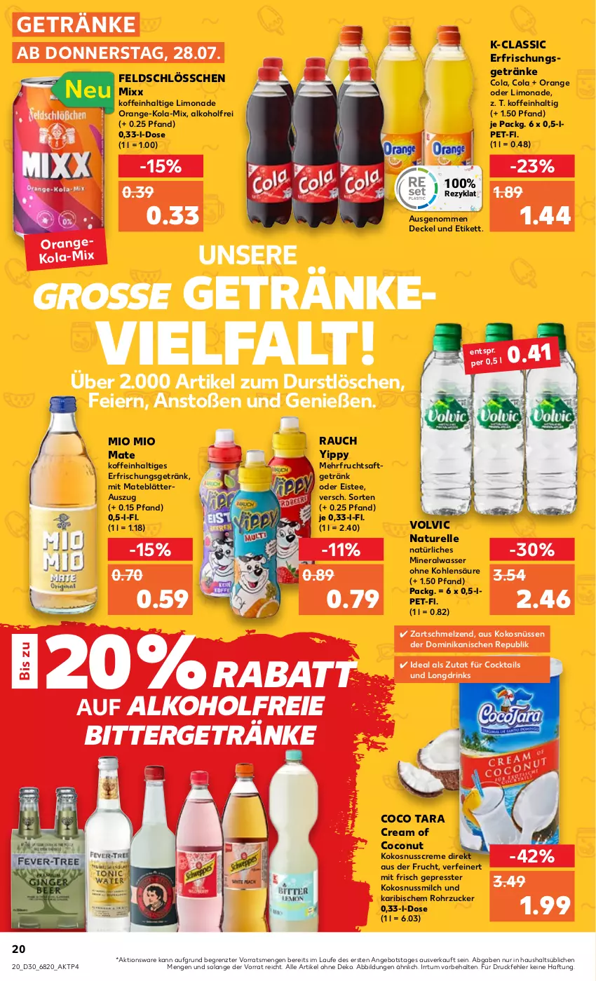 Aktueller Prospekt Kaufland - von 28.07 bis 03.08.2022 - strona 20 - produkty: alkohol, Alwa, angebot, cocktail, cocktails, coconut, cola, creme, decke, Deckel, drink, drinks, eier, eis, eistee, elle, erfrischungsgetränk, erfrischungsgetränke, frucht, fruchtsaft, fruchtsaftgetränk, getränk, getränke, kokos, kokosnuss, Kokosnusscreme, Kokosnussmilch, limo, limonade, milch, mineralwasser, Mio Mio, natur, natürliches mineralwasser, nuss, orange, Rauch, rel, rohrzucker, saft, tee, Ti, volvic, wasser, ZTE, zucker