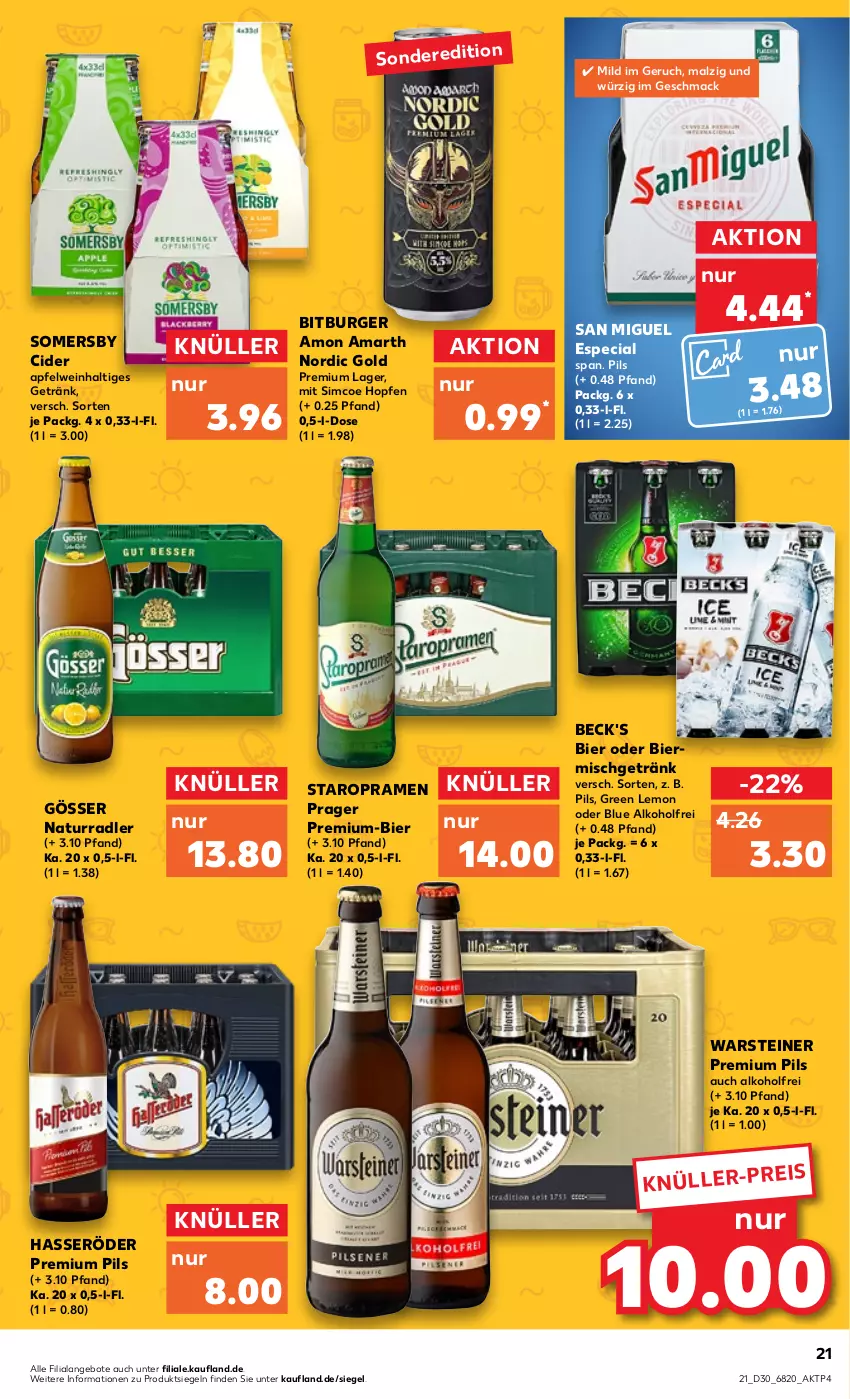 Aktueller Prospekt Kaufland - von 28.07 bis 03.08.2022 - strona 21 - produkty: alkohol, angebot, angebote, apfel, apfelwein, beck's, bier, bitburger, burger, cider, eis, getränk, gösser, hasseröder, mac, malz, natur, pils, premium pils, radler, sim, somersby, Staropramen, steiner, Ti, warsteiner, wein