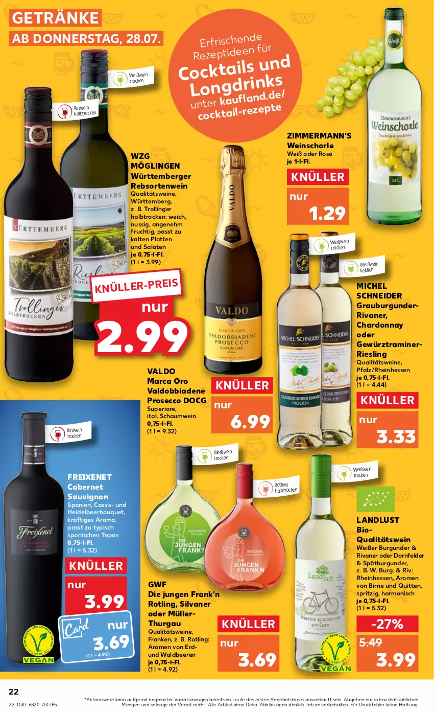 Aktueller Prospekt Kaufland - von 28.07 bis 03.08.2022 - strona 22 - produkty: angebot, beere, beeren, Berger, bio, burgunder, cabernet, cabernet sauvignon, cassis, chardonnay, cocktail, dornfelder, ecco, eis, freixenet, frucht, getränk, getränke, gewürz, grauburgunder, latte, Michel Schneider, Müller, nuss, prosecco, qualitätswein, qualitätsweine, rezept, riesling, Rivaner, rotwein, salat, salate, sauvignon, schorle, silvaner, spätburgunder, Tapas, Ti, trolli, trollinger, valdo, wein, weine, weinschorle, Weißwein, ZTE