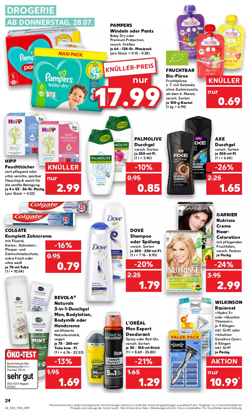 Aktueller Prospekt Kaufland - von 28.07 bis 03.08.2022 - strona 24 - produkty: angebot, axe, axe duschgel, beutel, bio, body, bodylotion, Bodymilk, colgate, creme, deo, deodorant, dove, duschgel, eis, feuchttücher, frucht, garnier, handcreme, hipp, kosmetik, LG, Lotion, natur, natura, naturkosmetik, Nutrisse, olive, palmolive, pampers, Pants, püree, Reinigung, roll-on, shampoo, shampoo oder spülung, spülung, Ti, tücher, wilkinson, windeln, windeln oder pants, zahncreme, ZTE, zucker