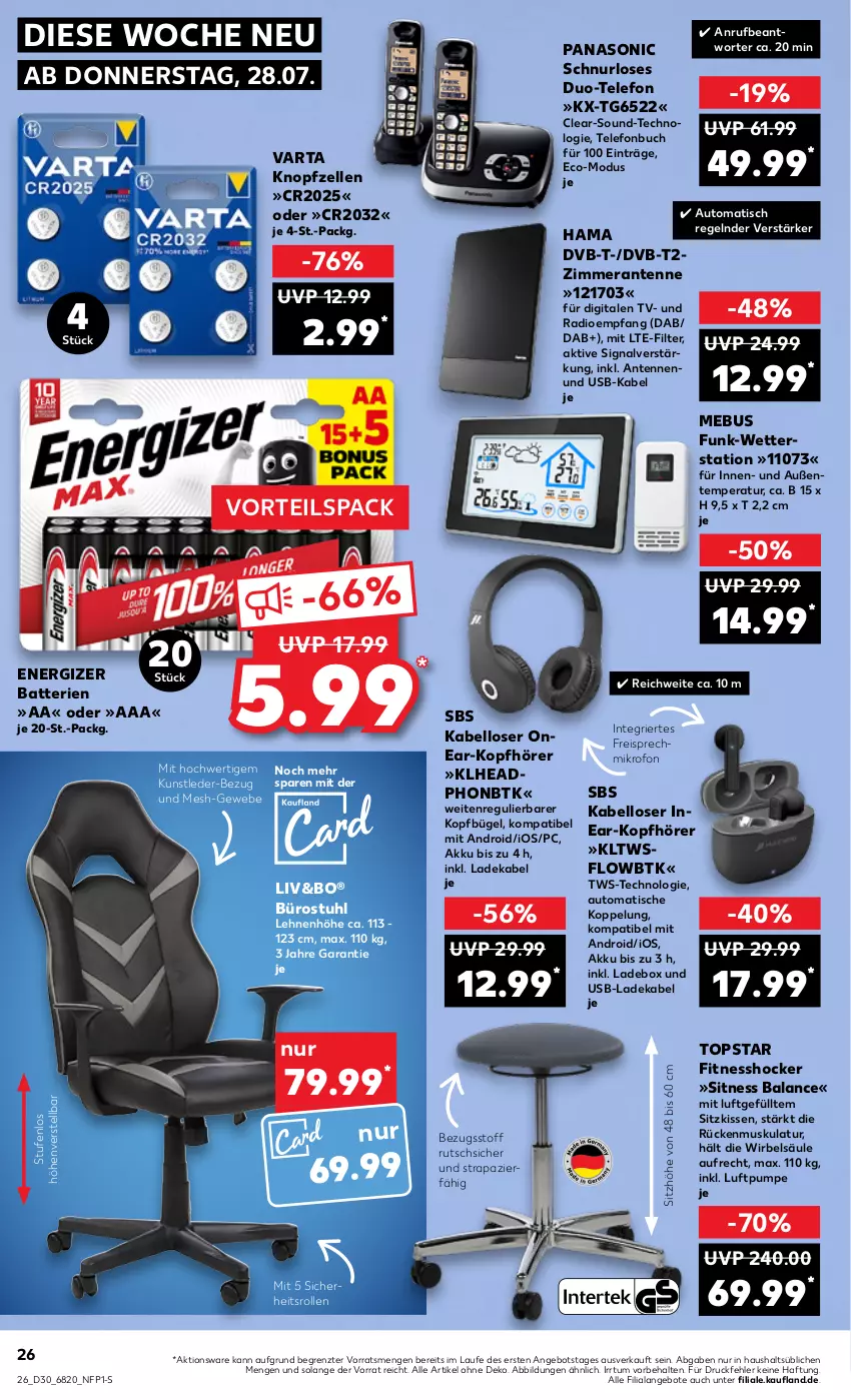 Aktueller Prospekt Kaufland - von 28.07 bis 03.08.2022 - strona 26 - produkty: akku, angebot, angebote, auto, batterie, batterien, buch, bügel, deka, dvb, DVB-T, eis, elle, energizer, ente, hama, hocker, kissen, kopfhörer, ladekabel, panasonic, Radio, reis, Signal, Sitzhöhe, sitzkissen, stuhl, telefon, Ti, tisch, usb, varta, Wetterstation, ZTE