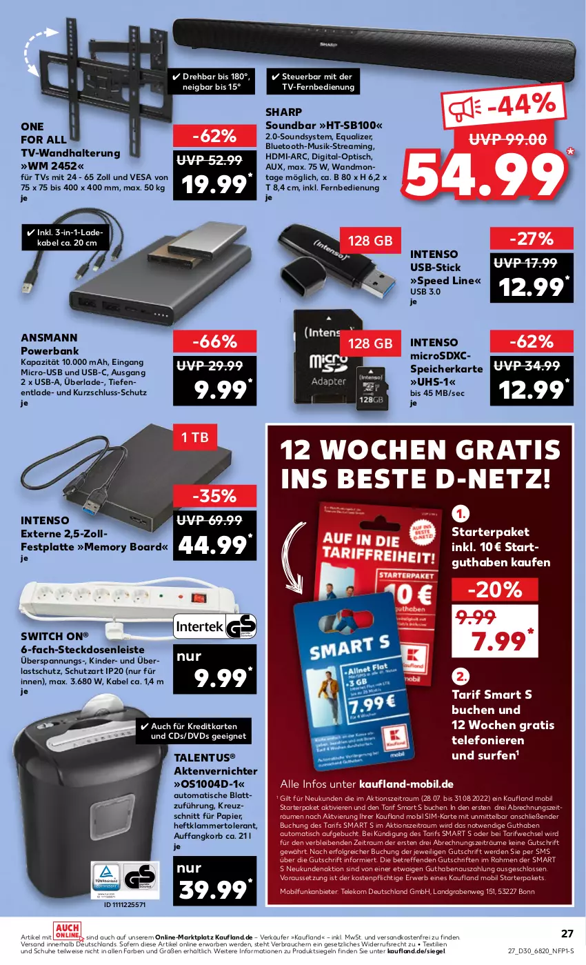 Aktueller Prospekt Kaufland - von 28.07 bis 03.08.2022 - strona 27 - produkty: Aktenvernichter, auto, Bank, buch, deka, dvd, eis, erde, fernbedienung, festplatte, HDMI, intenso, Kinder, korb, ladekabel, lamm, latte, LG, microsd, microsdxc, ndk, papier, powerbank, Rauch, rwe, schuhe, Sharp, sim, soundbar, spee, speicherkarte, steckdose, Steckdosenleiste, Surf, telefon, Ti, tisch, usb, versandkostenfrei, wandhalterung