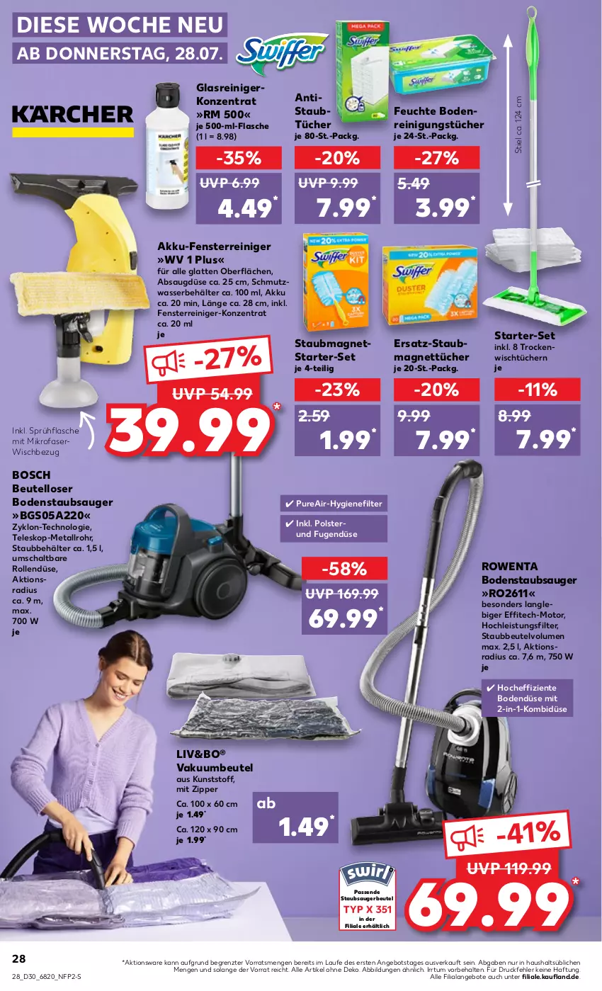 Aktueller Prospekt Kaufland - von 28.07 bis 03.08.2022 - strona 28 - produkty: akku, angebot, angebote, Behälter, beutel, bodenstaubsauger, bosch, eis, ente, fenster, flasche, Glasreiniger, hygienefilter, je 500-ml-flasche, latte, Magnets, mikrofaser, reiniger, Reinigung, reinigungstücher, rowenta, Schal, sprühflasche, staubbeutel, staubmagnet, staubsauger, staubsaugerbeutel, Teleskop, Ti, tücher, Vakuumbeutel, wasser, zipper, ZTE