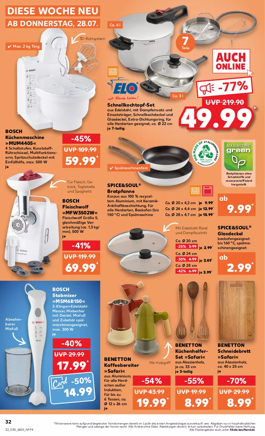 Aktueller Prospekt Kaufland - von 28.07 bis 03.08.2022 - strona 32 - produkty: angebot, angebote, aust, backofen, Becher, bosch, bratpfanne, decke, Deckel, edelstahl, edelstahlmesser, eis, elle, fleisch, Glasdeckel, herdarten, Holz, kaffee, kaffeebereiter, Kochtopf, küche, Küchen, Küchenhelfer, küchenmaschine, messer, Mixer, Ofen, pfanne, pfannen, Pfau, ring, Rührschüssel, Schal, schneidebrett, Schnellkochtopf, schüssel, spaghetti, Spritzschutz, spülmaschinen, stabmixer, tagliatelle, tasse, Ti, topf, topf-set, ZTE