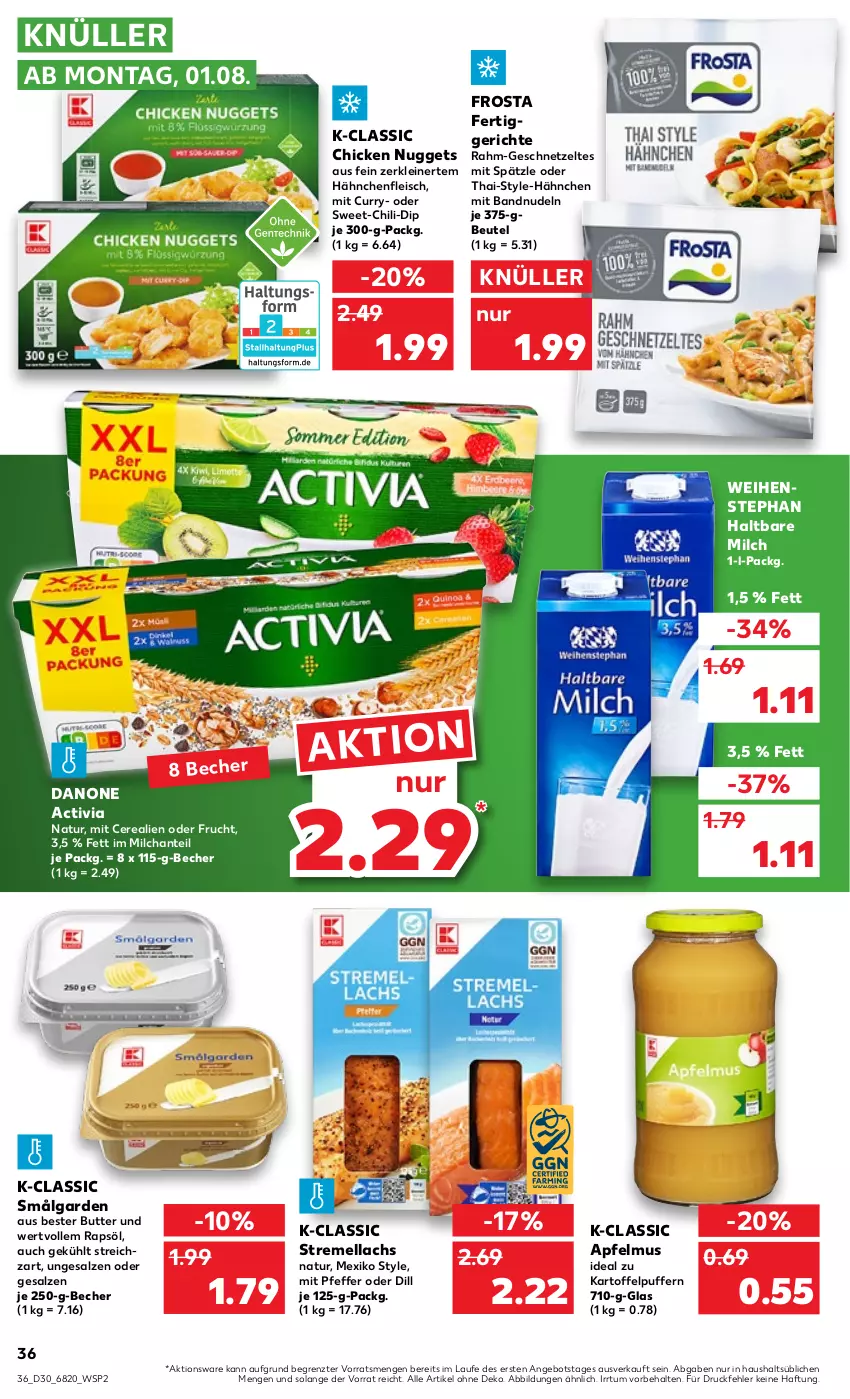 Aktueller Prospekt Kaufland - von 28.07 bis 03.08.2022 - strona 36 - produkty: activia, angebot, apfel, apfelmus, Becher, beutel, butter, cerealien, chicken nuggets, chili, curry, danone, danone activia, dip, eis, fertiggericht, fertiggerichte, fleisch, frosta, frucht, geschnetzeltes, Hähnchenfleisch, haltbare milch, kartoffel, kartoffelpuffer, lachs, leine, LG, milch, natur, nudel, nudeln, nuggets, pfeffer, rapsöl, salz, Streichzart, Ti, weihenstephan, Zelt, ZTE