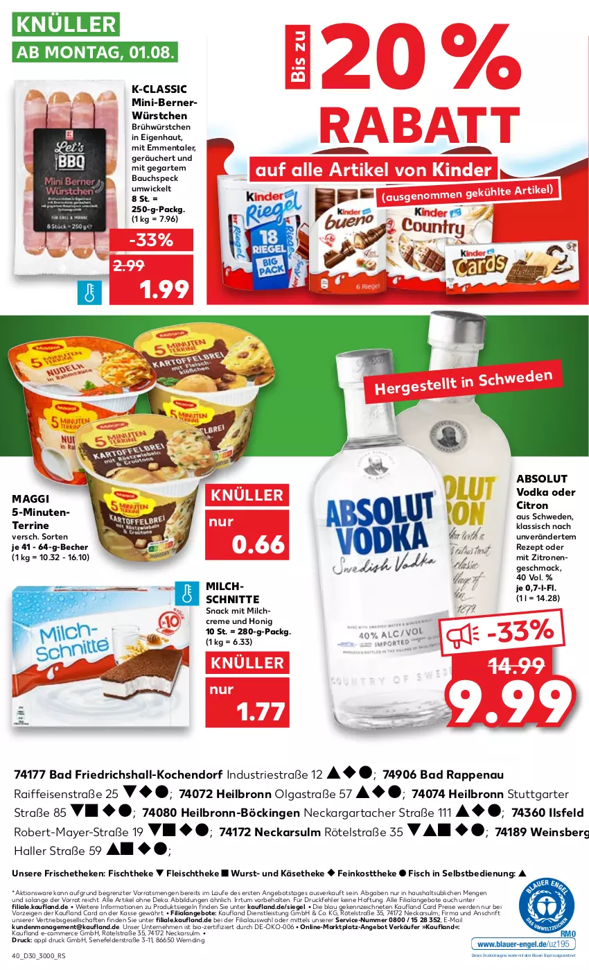 Aktueller Prospekt Kaufland - von 28.07 bis 03.08.2022 - strona 40 - produkty: Absolut Vodka, angebot, angebote, Astra, Bad, Bau, Becher, bio, creme, drucker, eis, emmentaler, Engel, ente, erde, feinkost, feinkosttheke, fisch, fischtheke, fleisch, honig, Käse, käsetheke, kerze, Kinder, LG, mac, maggi, milch, Milchschnitte, reis, rezept, snack, Speck, terrine, Ti, vodka, wein, WICK, wurst, würstchen, zitrone, zitronen, ZTE