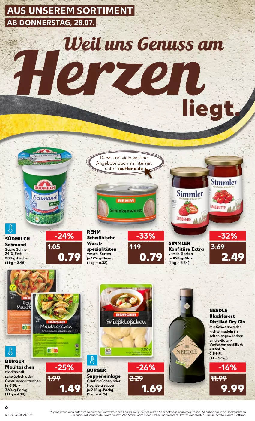 Aktueller Prospekt Kaufland - von 28.07 bis 03.08.2022 - strona 6 - produkty: angebot, angebote, Becher, dry gin, gin, konfitüre, konfitüre extra, lack, maultaschen, milch, nuss, sahne, schmand, sim, Spezi, suppe, suppen, Tasche, taschen, Ti, wurst, ZTE