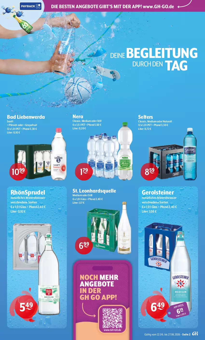 Aktueller Prospekt Getraenke Hoffmann - Prospekte - von 22.06 bis 27.06.2026 - strona 2 - produkty: Alwa, angebot, angebote, Bad, Bad Liebenwerda, eis, elle, gerolsteine, gerolsteiner, grapefruit, mineralwasser, natur, natürliches mineralwasser, pfirsich, rel, RhönSprudel, Selters, Sprudel, steiner, Ti, wasser