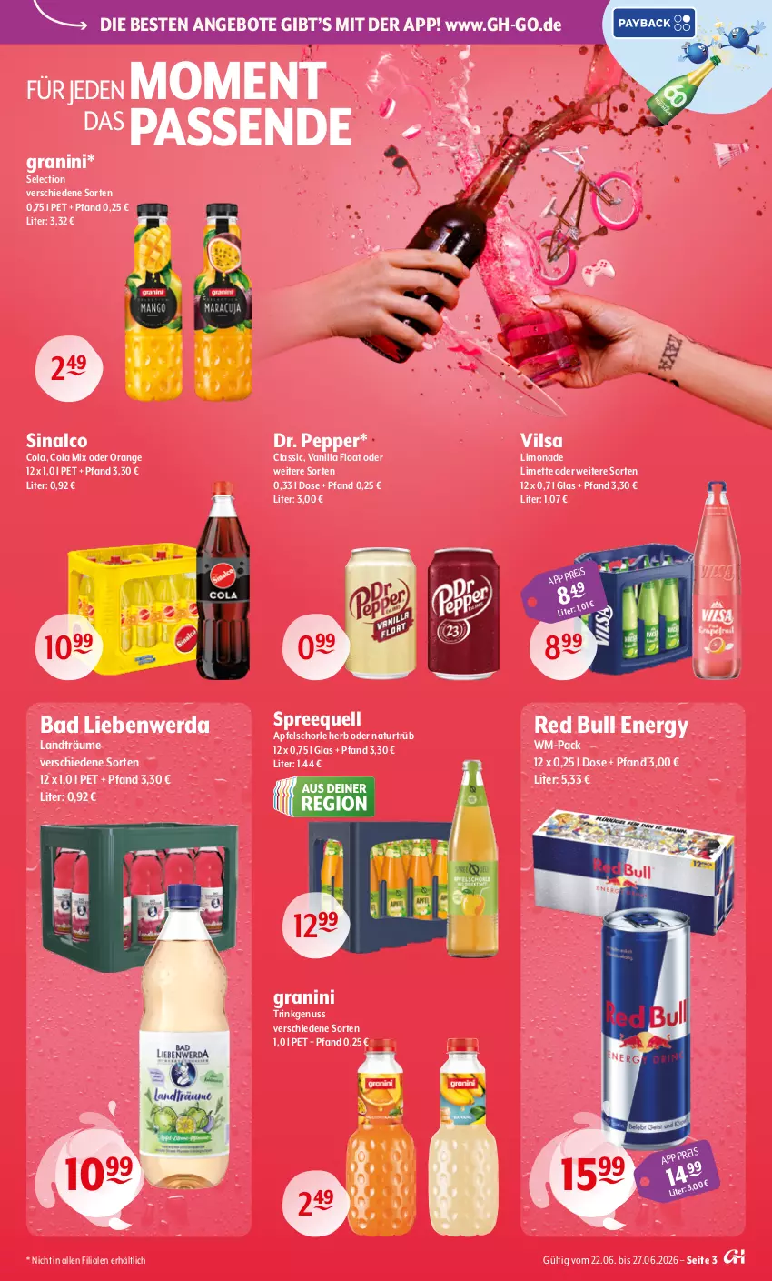 Aktueller Prospekt Getraenke Hoffmann - Prospekte - von 22.06 bis 27.06.2026 - strona 3 - produkty: angebot, angebote, apfel, Apfelschorle, Bad, Bad Liebenwerda, cola, eis, granini, limette, limo, limonade, Mett, natur, nuss, orange, red bull, schorle, sinalco, Spreequell, Ti, vilsa