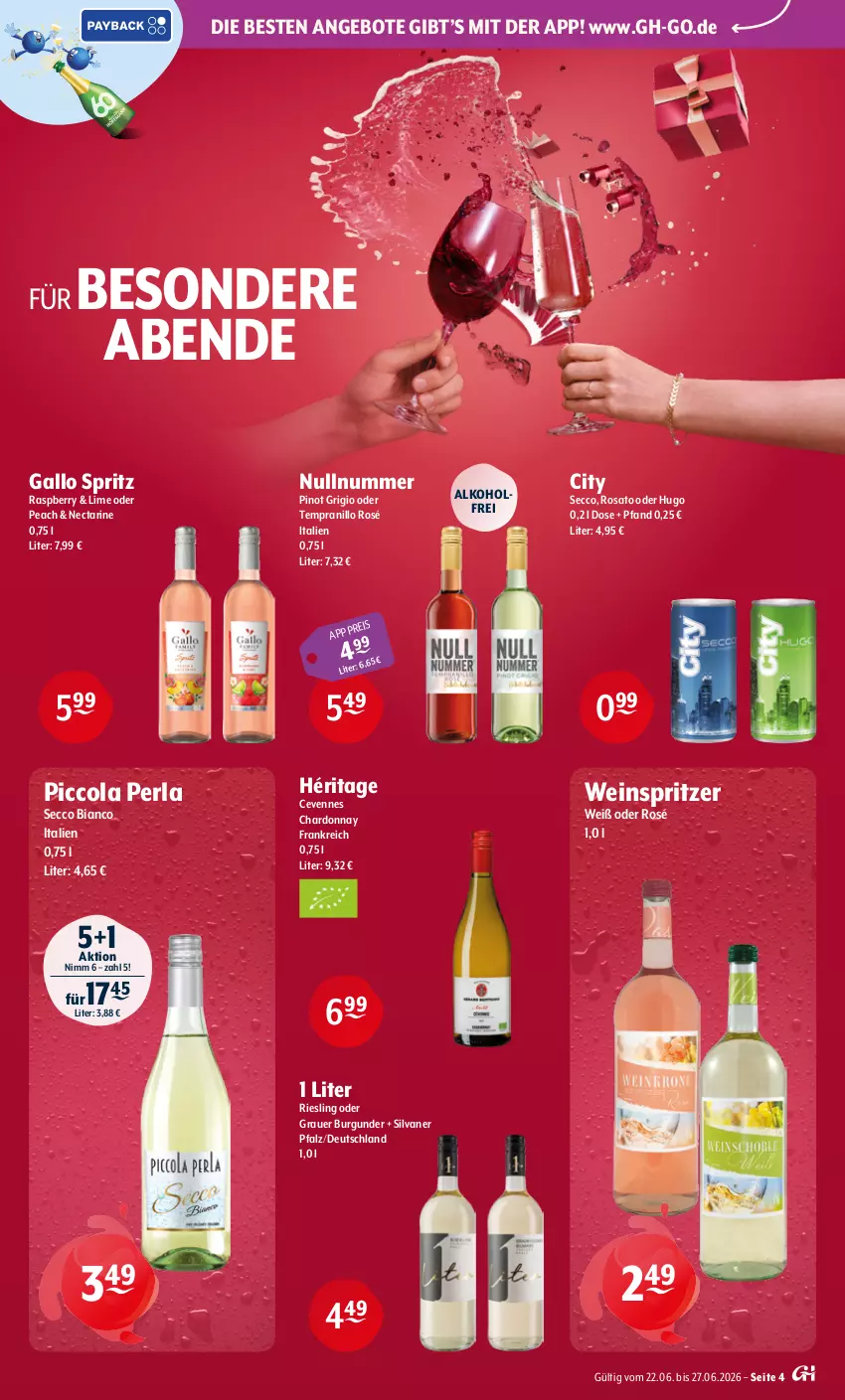 Aktueller Prospekt Getraenke Hoffmann - Prospekte - von 22.06 bis 27.06.2026 - strona 4 - produkty: alkohol, angebot, angebote, auer, burgunder, chardonnay, cola, ecco, eis, gallo, grauer burgunder, hugo, perla, Pinot, pinot grigio, raspberry, riesling, rosato, silvaner, tempranillo, Ti, wein