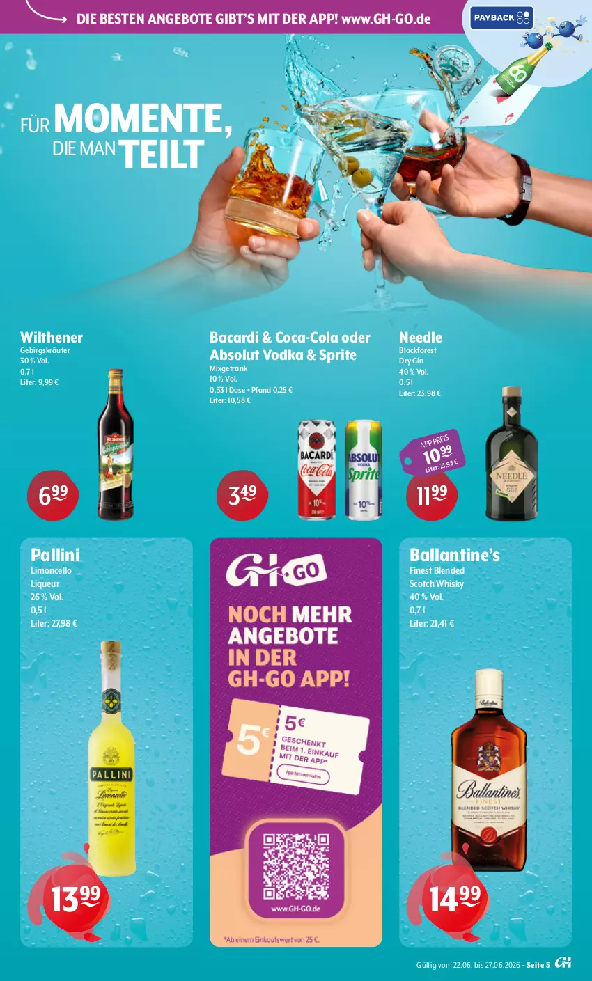 Aktueller Prospekt Getraenke Hoffmann - Prospekte - von 22.06 bis 27.06.2026 - strona 5 - produkty: Absolut Vodka, angebot, angebote, bacardi, ball, blended scotch, blended scotch whisky, coca-cola, cola, dry gin, eis, ente, getränk, gin, kräuter, lack, limo, liqueur, Mixgetränk, scotch, scotch whisky, sprite, Ti, vodka, whisky, wilthener