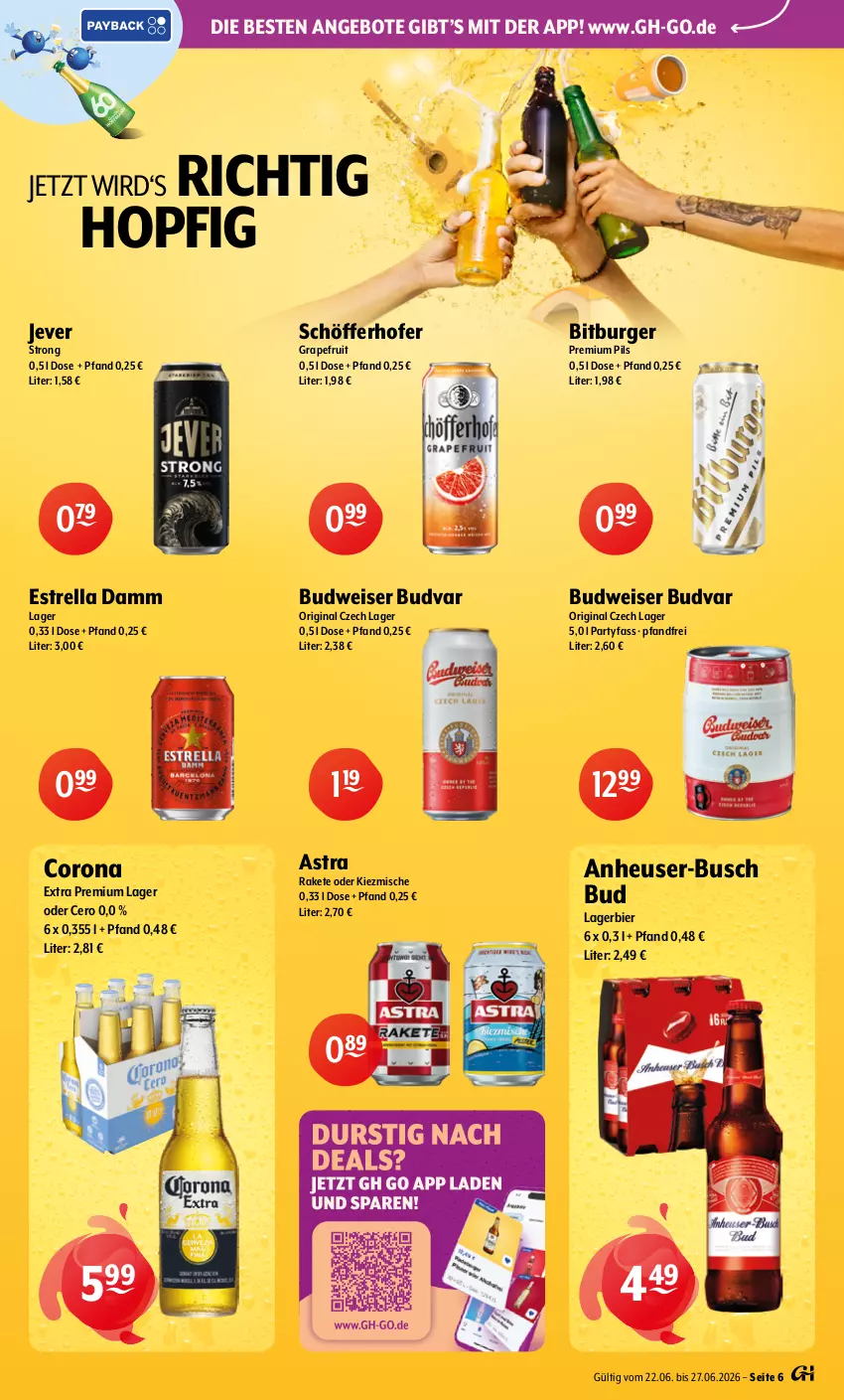 Aktueller Prospekt Getraenke Hoffmann - Prospekte - von 22.06 bis 27.06.2026 - strona 6 - produkty: angebot, angebote, Astra, bier, bitburger, budweiser, burger, corona, corona extra, eis, Estrella Damm, gin, grapefruit, Heu, jever, Lagerbier, pils, premium pils, rel, schöfferhofer, Ti